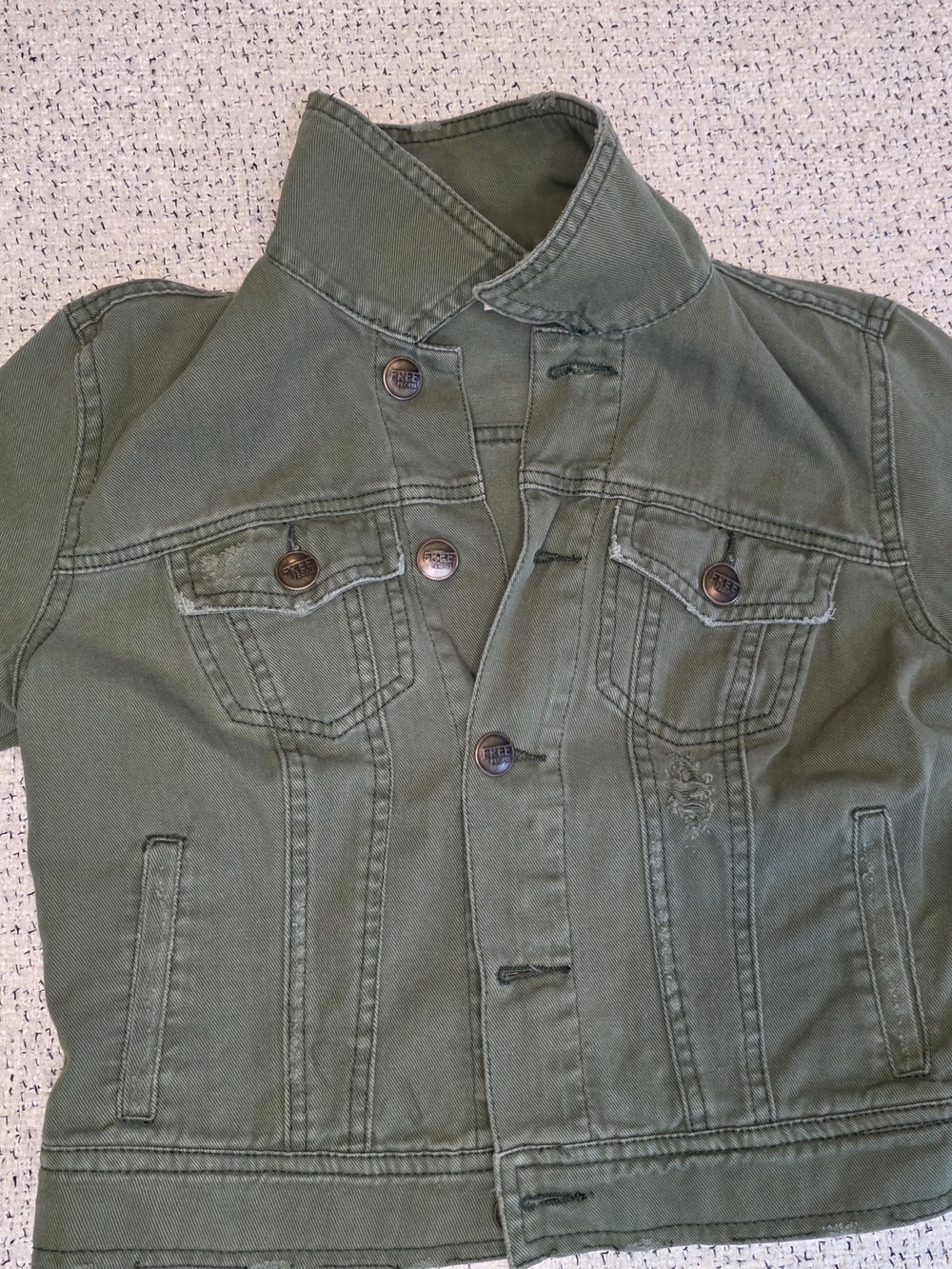 Free People Olive Green Distressed Denim Jacket Utility Trucker Boho - Picture 3 of 11